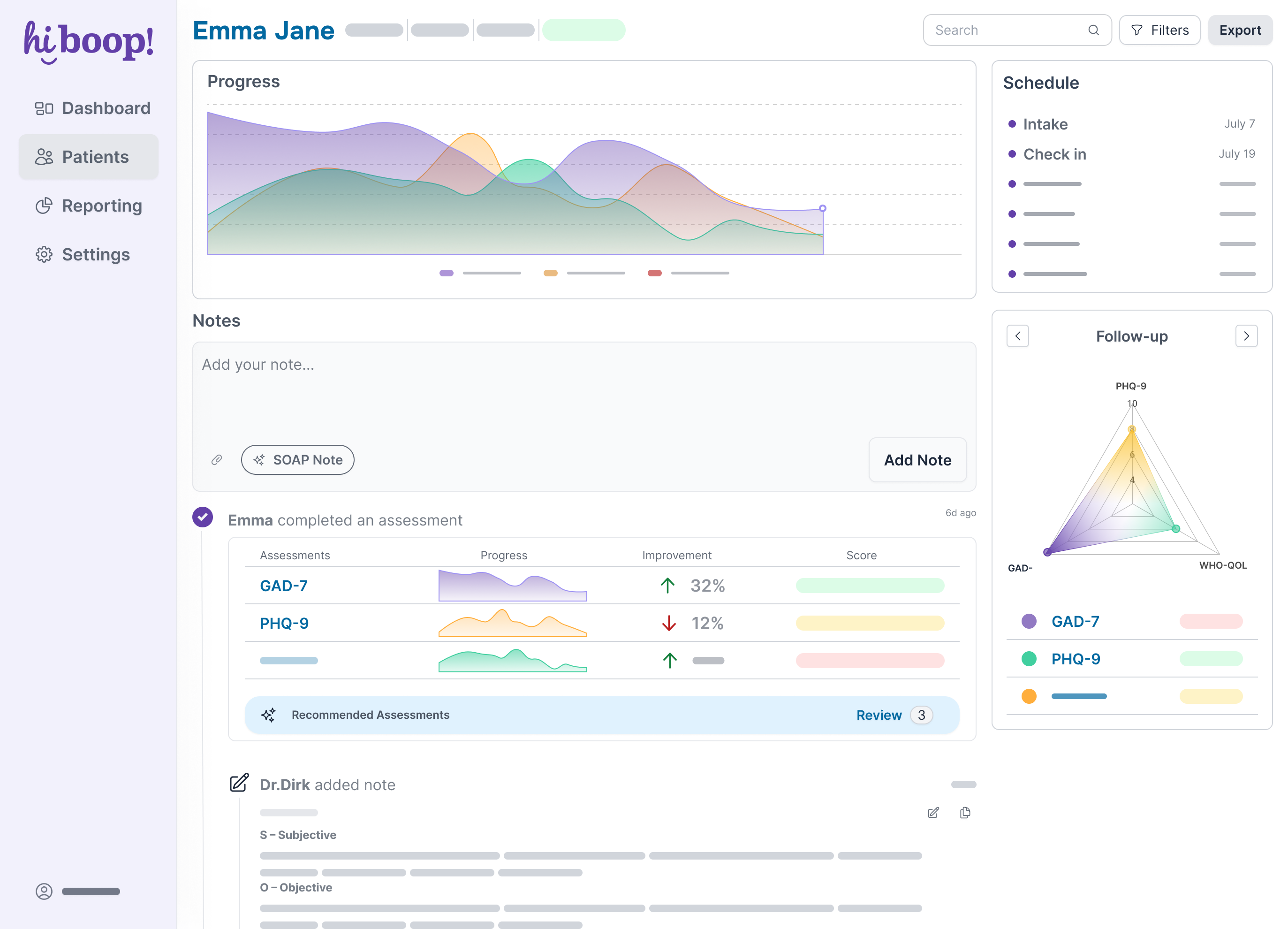 HiBoop platform overview showing assessment dashboard and patient management